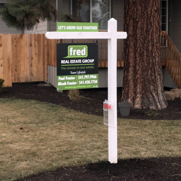 fred real estate, realty sign, hangman post, for sale sign, name rider, flyer box