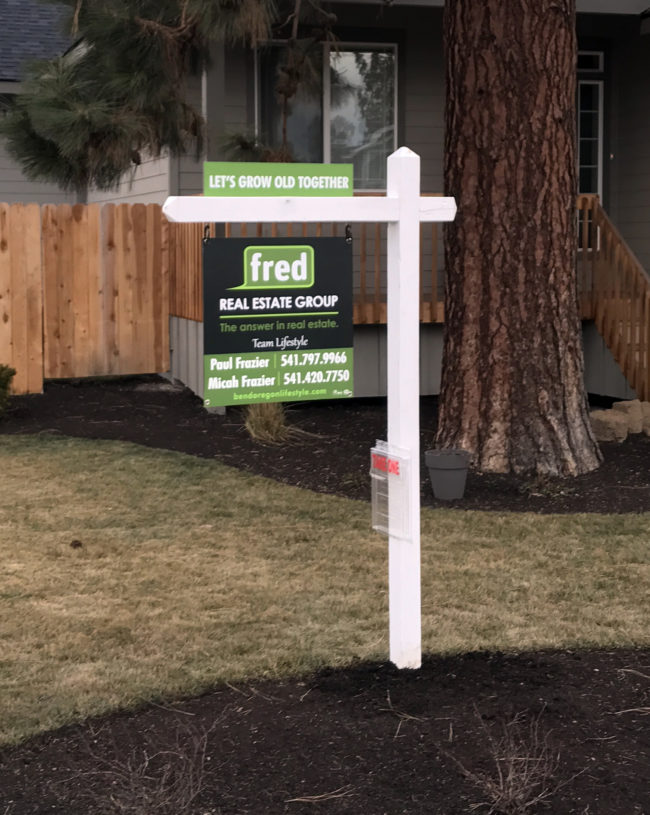 fred real estate, realty sign, hangman post, for sale sign, name rider, flyer box